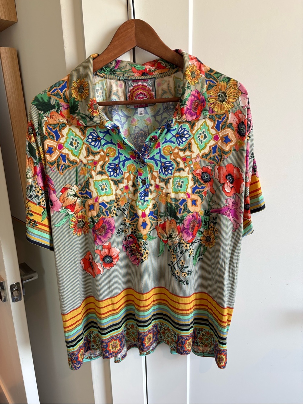 Johnny Was Multicolor Floral Mosaic Polo Shirt